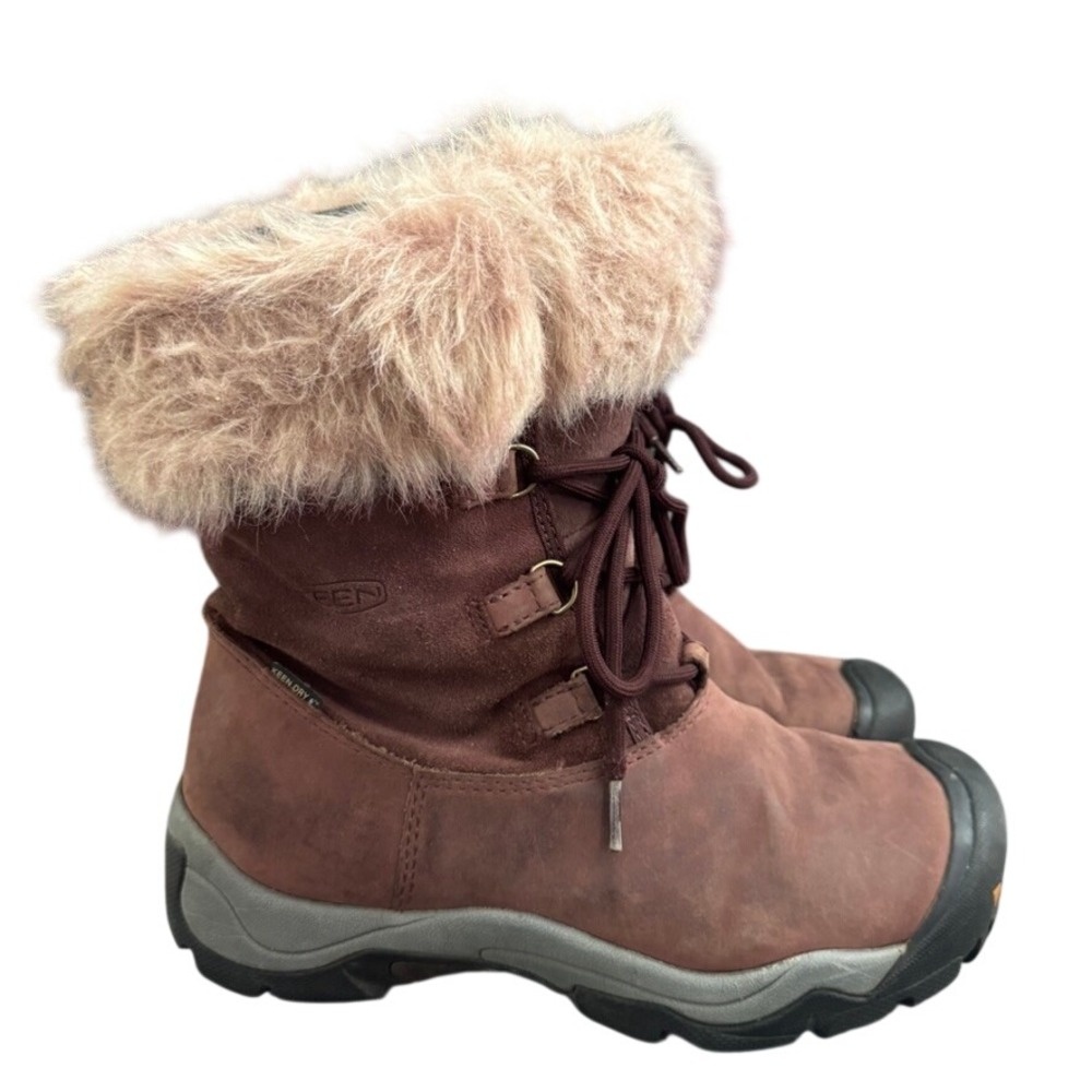KEEN Hoodoo Waterproof Winter Boots Faux Fur Trim Burgundy Brown Suede Womens 9